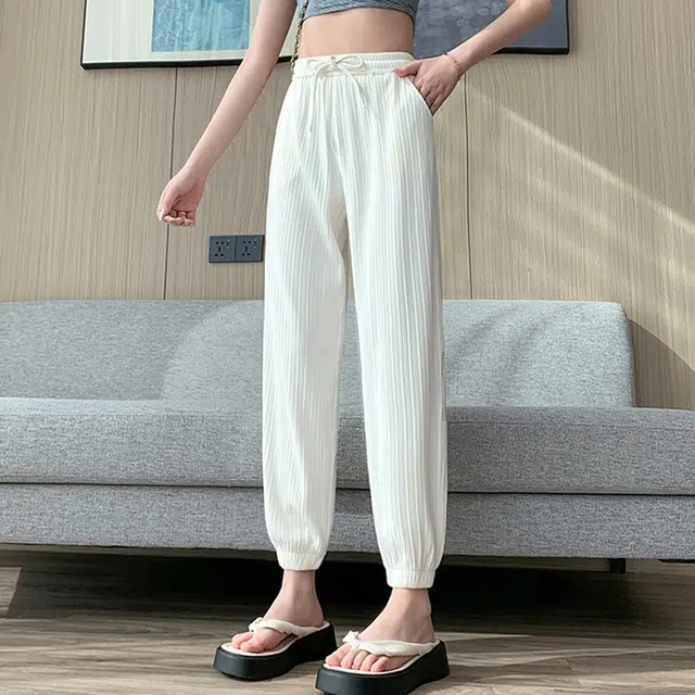 美力城 日系百褶条凉感高腰灯笼裤垂感百搭通勤束脚显瘦休闲裤 女款