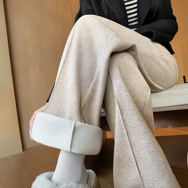 美力城 加绒加厚人字纹毛呢褶皱设计感垂感宽松拖地阔腿裤子日常通勤舒适百搭直筒保暖秋冬休闲裤 女款