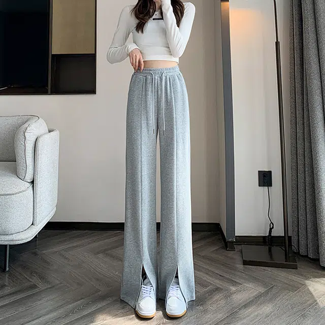 美力城 美式高街纯色高腰开叉设计感宽松阔腿裤子日常通勤舒适百搭慵懒风修身直筒休闲裤 女款