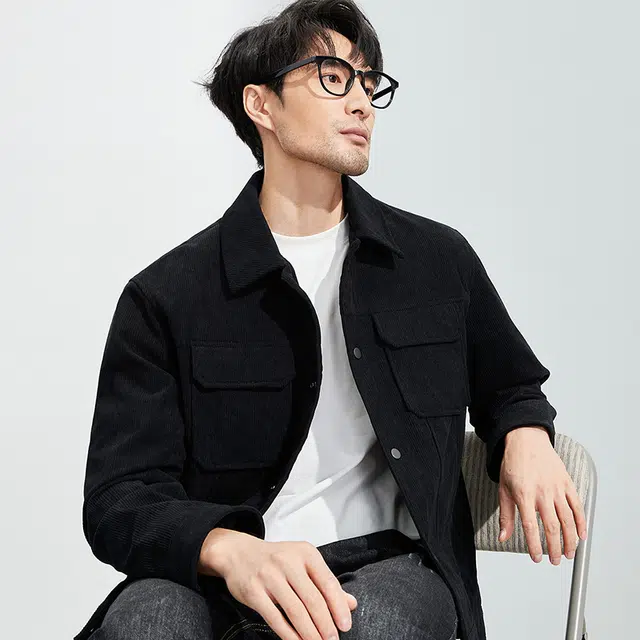 美力城 灯芯绒翻领纯色暗扣高级感日常通勤宽松百搭休闲工装夹克外套 男款