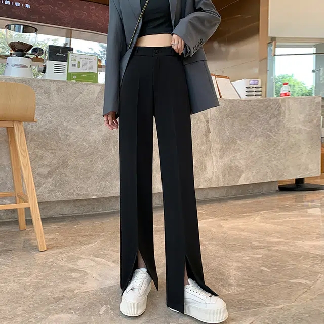 美力城 美式高街纯色高腰褶皱垂感高级感阔腿裤冰丝凉感开叉直筒显瘦休闲裤 女款