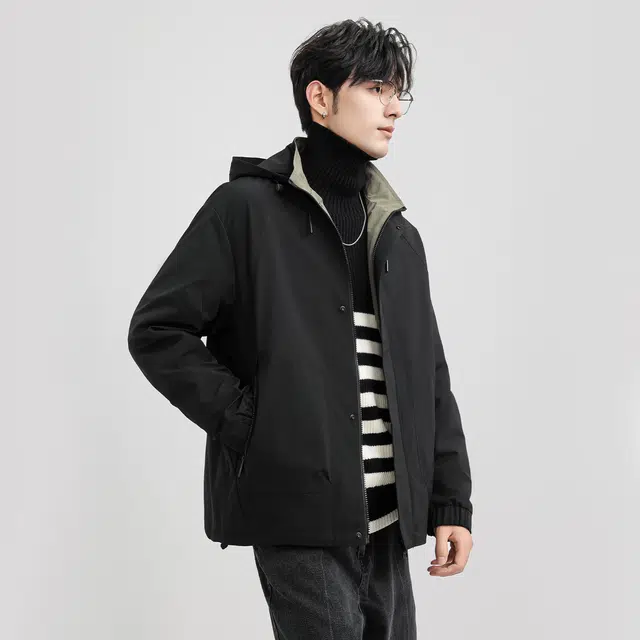 美力城 美式运动休闲防风可拆卸连帽拉链工装宽松百搭双口袋抽绳夹克外套 男款