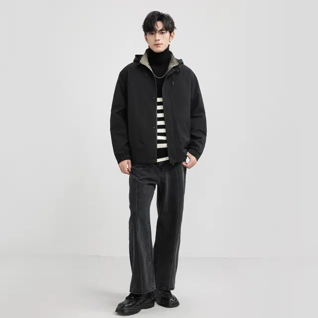 美力城 美式运动休闲防风可拆卸连帽拉链工装宽松百搭双口袋抽绳夹克外套 男款