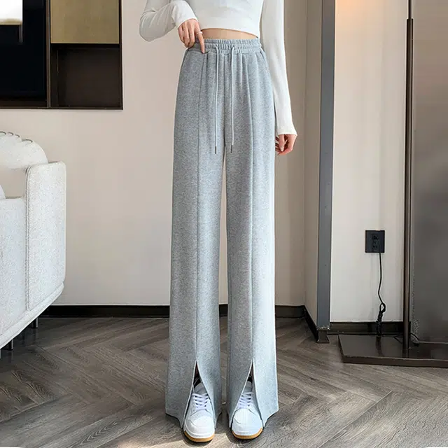 美力城 美式高街纯色高腰开叉设计感宽松阔腿裤子日常通勤舒适百搭慵懒风修身直筒休闲裤 女款