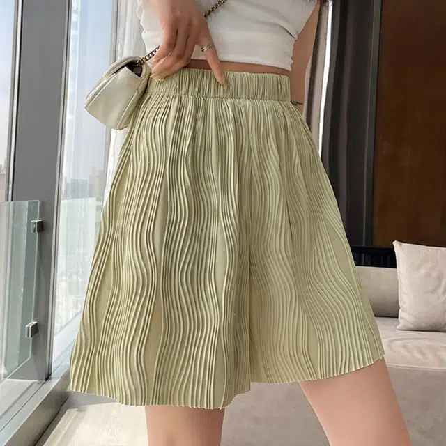 美力城 高腰水波纹褶皱美式宽松慵懒复古纯色阔腿裤垂坠直筒百搭休闲短裤 女款