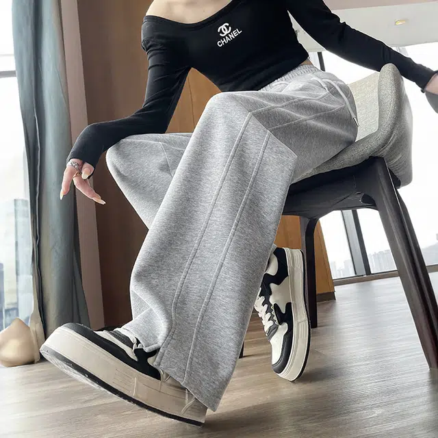 美力城 美式潮流时尚高腰拼接垂感高级感阔腿裤子舒适百搭透气慵懒风宽松直筒休闲裤 女款