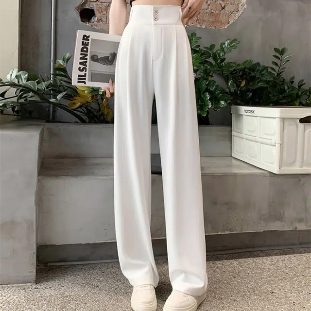 美力城 美式高街时尚潮流双排扣高腰设计感阔腿裤子垂感高级感宽松百搭休闲舒适透气直筒西装裤 女款