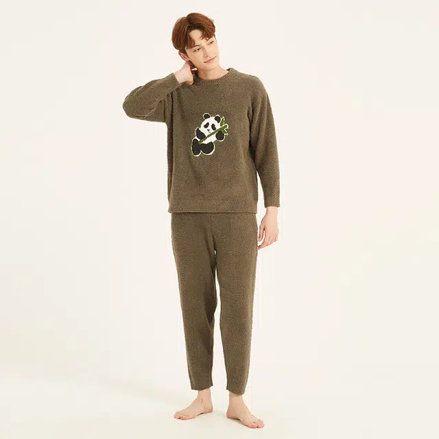 美力城 半边绒圆领套头动物卡通简约休闲家居服可外穿保暖秋冬睡衣套装 男款