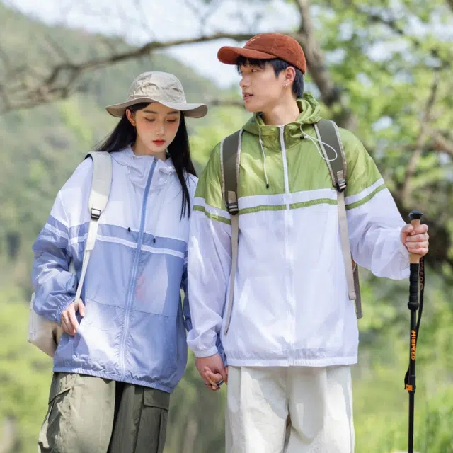 美力城 撞色拼接轻薄凉感户外皮肤衣简约宽松长袖连帽抽绳防晒服 男女同款