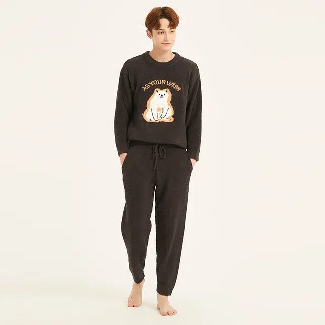美力城 半边绒圆领套头动物卡通简约休闲家居服可外穿保暖秋冬睡衣套装 男款