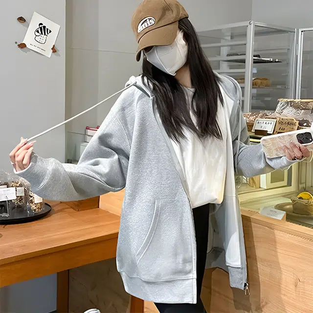 美力城 重磅加绒加厚学院风简约基础款秋冬百搭宽松休闲开衫外套连帽卫衣 女款