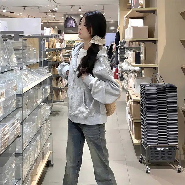 美力城 重磅加绒加厚学院风简约基础款秋冬百搭宽松休闲开衫外套连帽卫衣 女款
