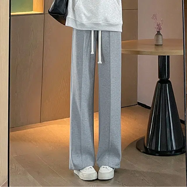 美力城 斜纹加绒款美式高街加厚日常基础款宽松阔腿显高垂感拖地裤纯色系带针织运动休闲裤 女款