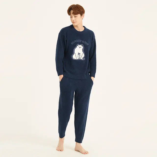 美力城 半边绒圆领套头动物卡通简约休闲家居服可外穿保暖秋冬睡衣套装 男款