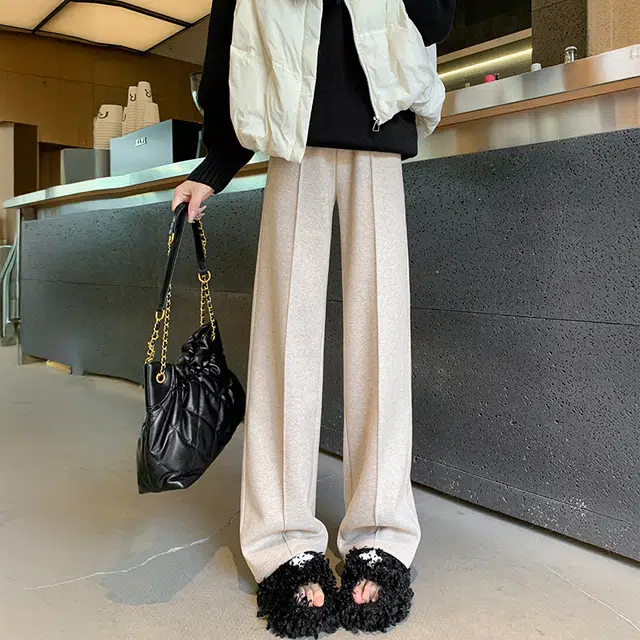 美力城 加绒加厚人字纹毛呢褶皱设计感垂感宽松拖地阔腿裤子日常通勤舒适百搭直筒保暖秋冬休闲裤 女款