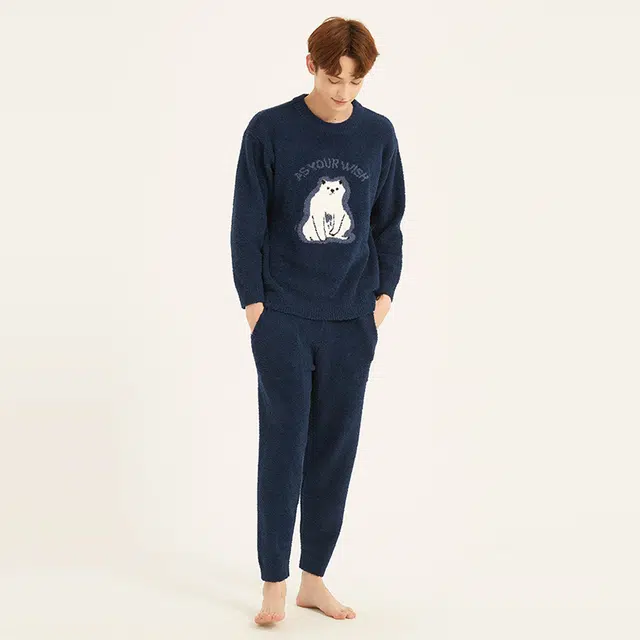 美力城 半边绒圆领套头动物卡通简约休闲家居服可外穿保暖秋冬睡衣套装 男款