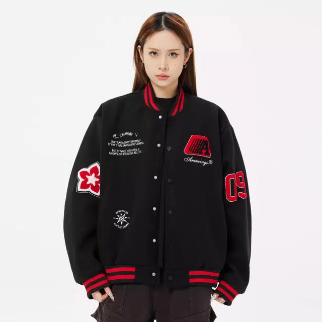 美式徽章拼接撞色宽松休闲棒球服 男女同款
