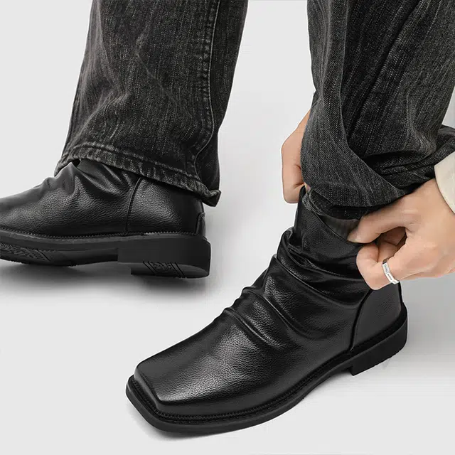 浪莎 秋季英伦风时尚百搭增高方头设计舒适潮流 法式褶皱后拉链复古简约高级感日常通勤 切尔西靴 男款