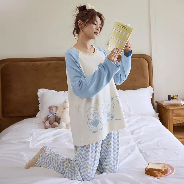 桔内 纯棉可爱卡通长袖带胸垫可外穿家居休闲服 睡衣套装 女款