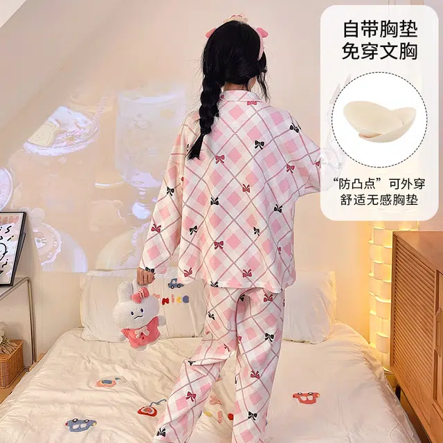 桔内 秋季纯棉卡通甜美可爱粉色少女一体式胸垫可外穿家居服 睡衣套装 女款