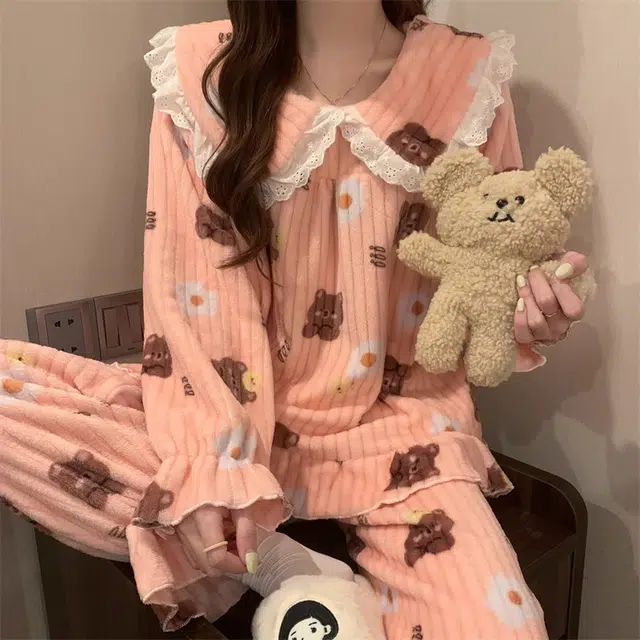 桔内 甜美风花边娃娃领可爱卡通小熊加厚保暖套头长袖睡衣套装 女款