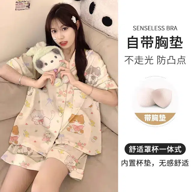 桔内 甜美带胸垫可外穿短袖上衣家居服三分裤睡衣套装 女款