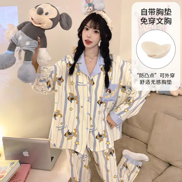桔内 秋季棉质长袖卡通可爱甜美宽松舒适家居服 睡衣套装 女款