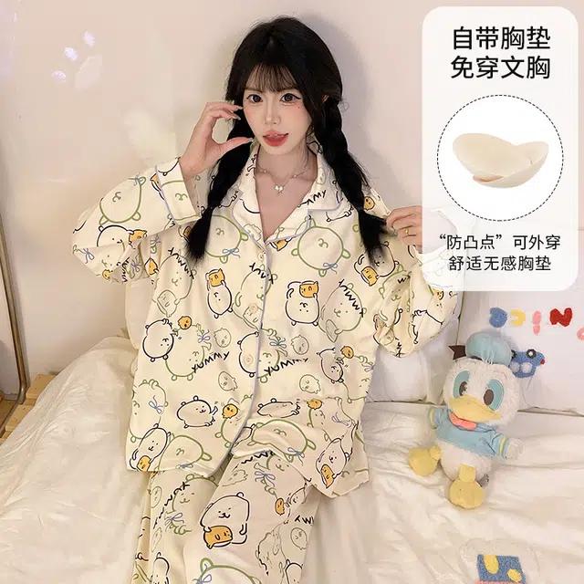 桔内 秋季纯棉卡通可爱宽松休闲带胸垫可外穿家居服 睡衣套装 女款