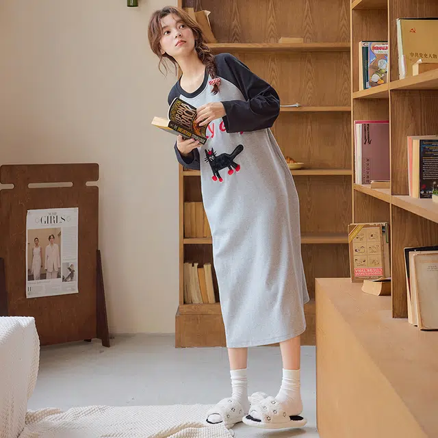 桔内 纯棉长袖长裙甜美可爱休闲舒适家居服可外穿带胸垫睡裙 女款