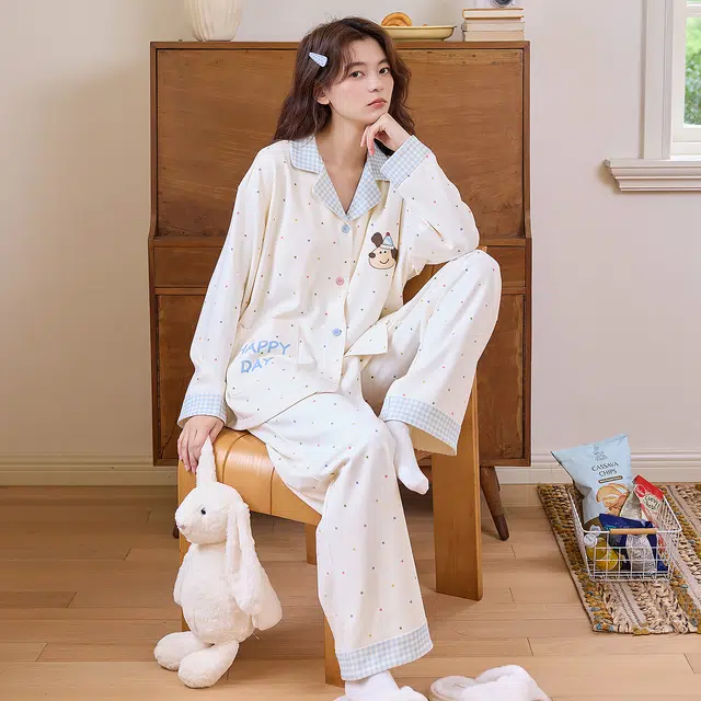 桔内 秋季纯棉长袖翻领开衫可爱波点可外穿家居服睡衣套装 女款