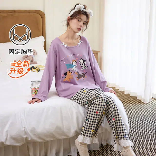 桔内 秋季纯棉可爱卡通格子带胸垫简约宽松家居服可外穿 睡衣套装 女款