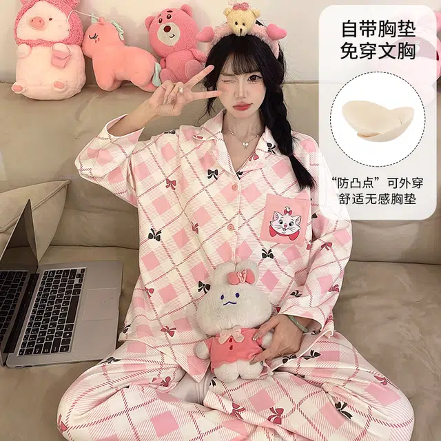 桔内 秋季纯棉卡通甜美可爱粉色少女一体式胸垫可外穿家居服 睡衣套装 女款
