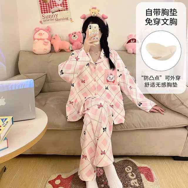桔内 秋季纯棉卡通甜美可爱粉色少女一体式胸垫可外穿家居服 睡衣套装 女款