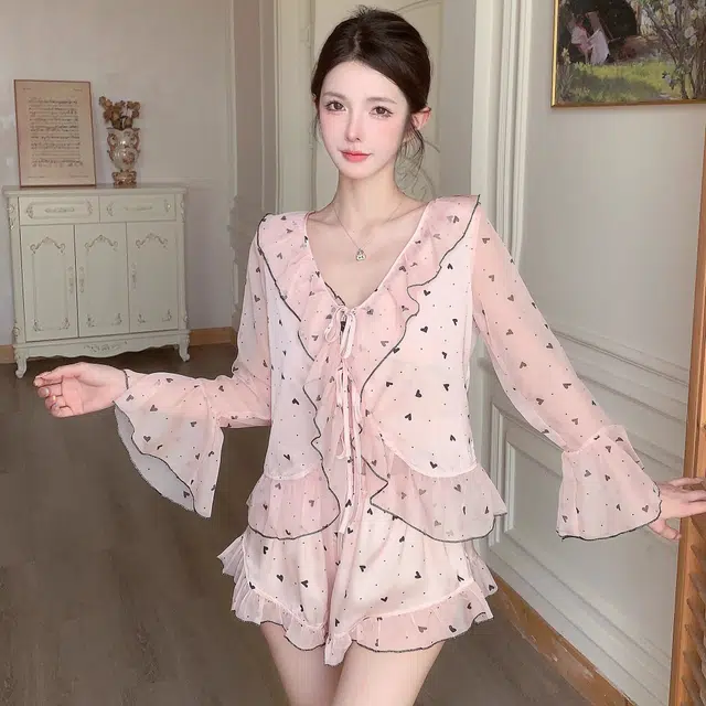 桔内 爱心碎花性感纯欲网纱睡衣套装 女款