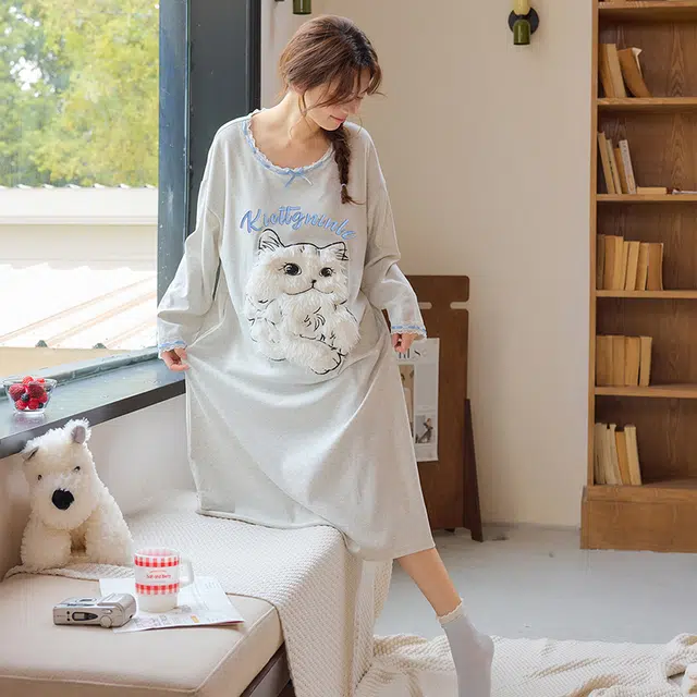 桔内 纯棉长袖可爱猫咪时尚休闲舒适带胸垫可外穿睡裙 女款