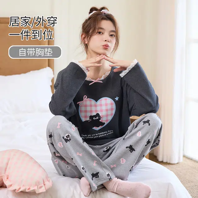 桔内 秋季纯棉带胸垫可爱猫咪高颜值可外穿家居服睡衣套装 女款