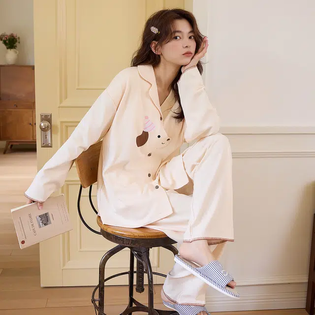 桔内 秋季纯棉甜美少女翻领开衫设计感家居服睡衣套装 女款