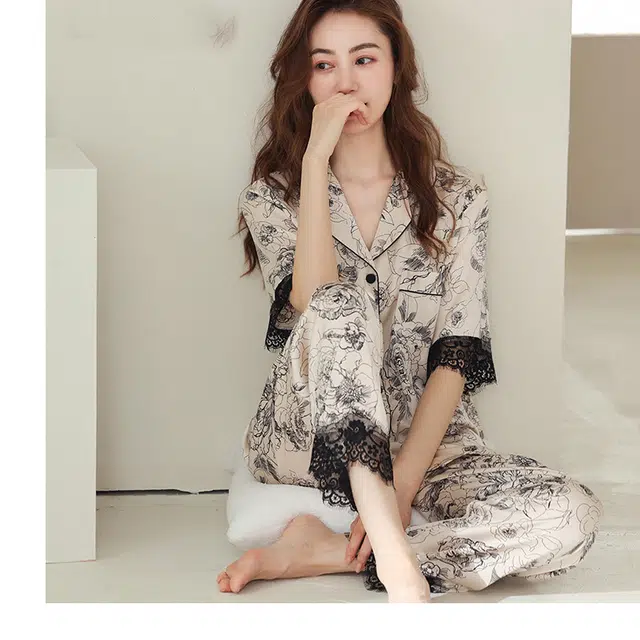 桔内 高级感丝绸休闲服冰丝短袖长裤仿真丝家居服复古印花玫瑰花凉感可外穿三分袖睡衣套装 女款