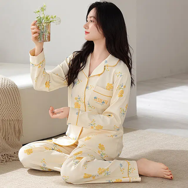 桔内 女士纯棉秋冬长袖简约开衫印花休闲全棉家居服睡衣套装 女款
