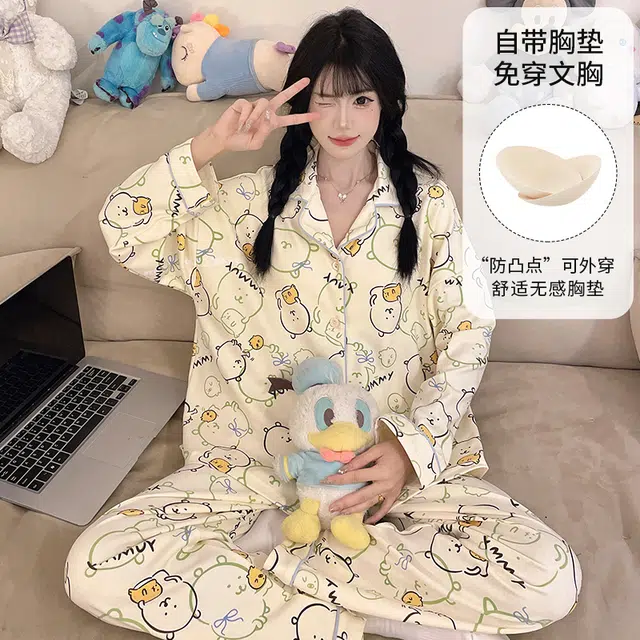 桔内 秋季纯棉卡通可爱宽松休闲带胸垫可外穿家居服 睡衣套装 女款