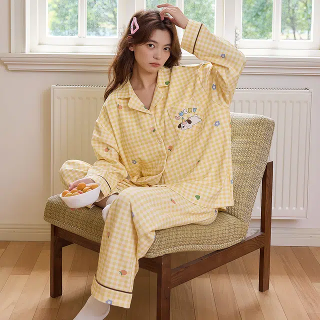桔内 秋季纯棉开衫可爱卡通少女格子长袖家居服可外穿 睡衣套装 女款