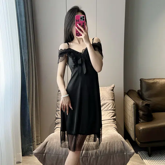 桔内 纯欲薄款带胸垫镂空无袖吊带中长款家居服睡裙 女款 礼袋装
