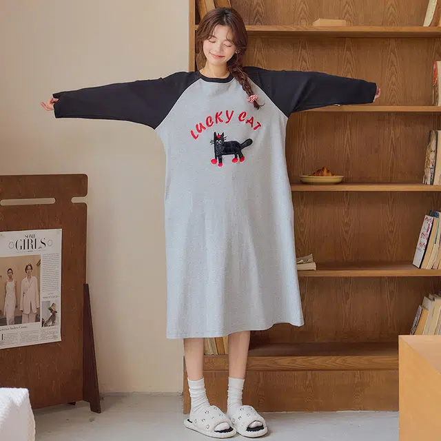 桔内 纯棉长袖长裙甜美可爱休闲舒适家居服可外穿带胸垫睡裙 女款