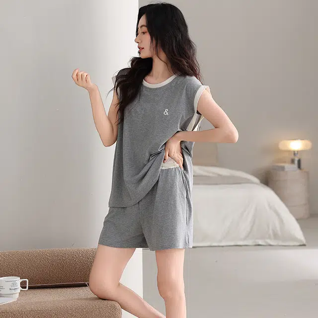 桔内 超柔软莫代尔女士薄款凉感无袖短裤冰丝家居服睡衣套装 女款