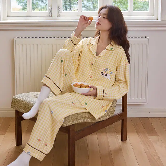 桔内 秋季纯棉开衫可爱卡通少女格子长袖家居服可外穿 睡衣套装 女款