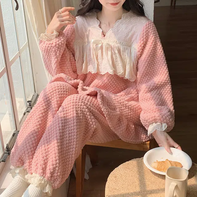 桔内 亲肤舒适保暖加厚长袖长裤家居服睡衣套装 女款 粉色甜心