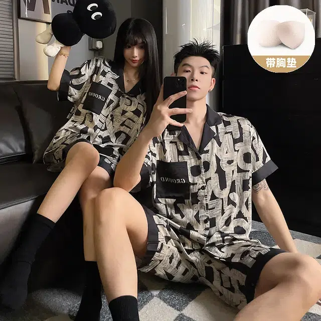 桔内 简约亲肤舒适带胸垫翻领开衫短袖三分裤休闲可外穿睡衣套装 男女同款
