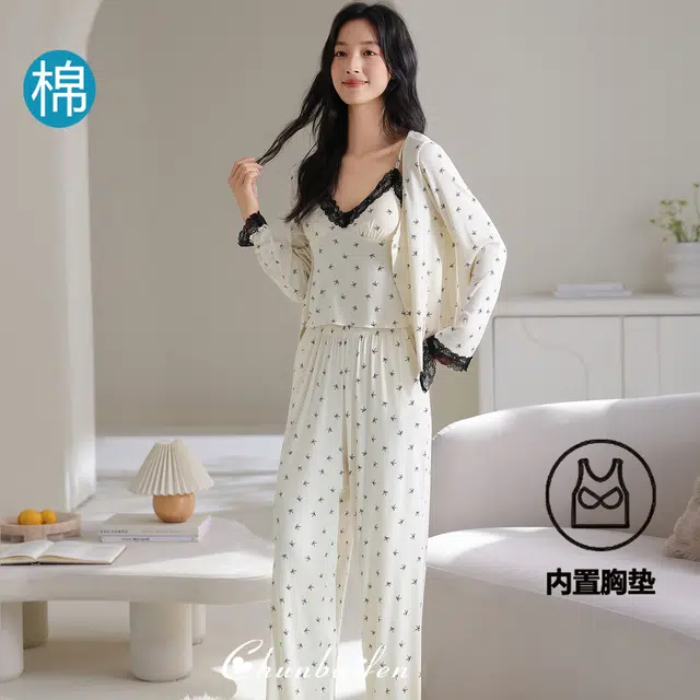 桔内 秋季纯棉带胸垫性感甜美三件套可外穿家居服睡衣套装 女款