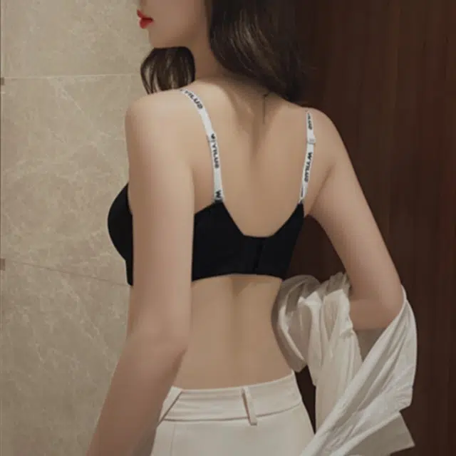 桔内 字母肩带小胸聚拢收副乳吸汗透气文胸罩舒适三角裤内衣裤套装 女款 黑色