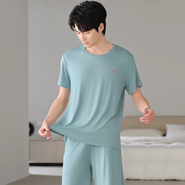 桔内 莫代尔棉薄款短袖纯色圆领短裤睡衣套装 男款